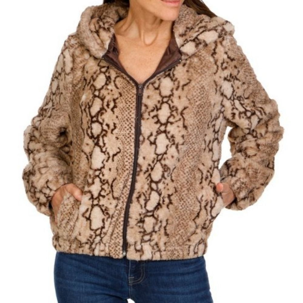 XOXO Vegan Fur Animal Print Hooded Jacket‎